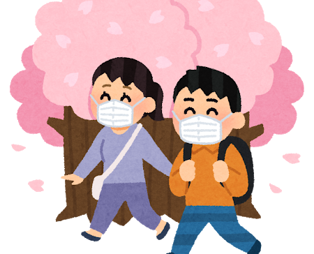 桜の前をマスクして歩くカップルのイラスト