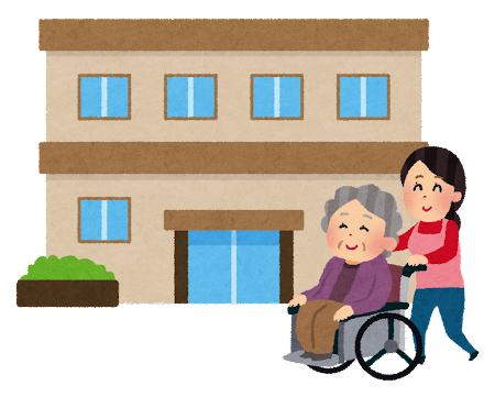 女性介護士に車椅子を押されグループホームに入居するおばあちゃんのイラスト